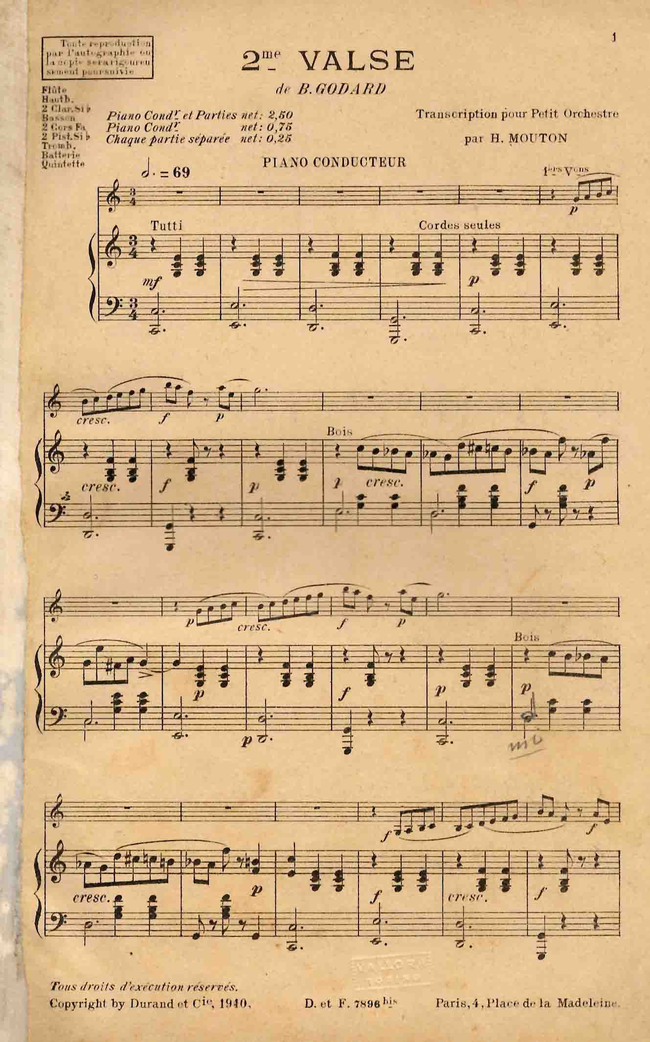 2me Valse de B. Godard. Transcription pour Petit Orchestre par Hubert Mouton